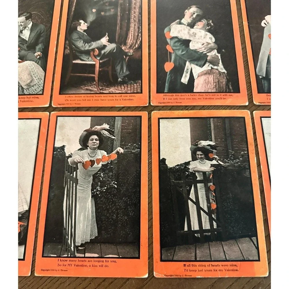 8 RPPC Postcards 1908 VALENTINE J.Thomas Victorian Hearts Love Romance Flirty